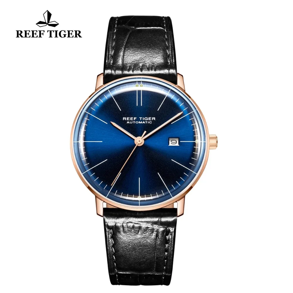 Reef Tiger/RT Men Luxury Brand Automatic Watch Leather Strap Blue Dial Rose Gold Casual Watches RGA8215