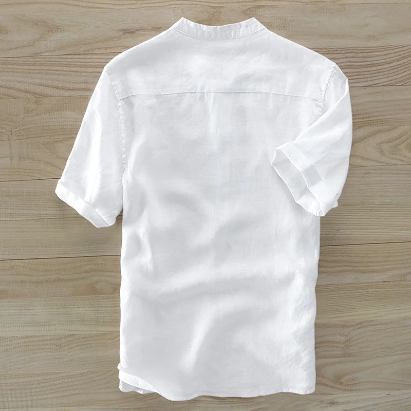 New pure linen short-sleeved shirt stand collar casual simple white shirt men brand vintage wooden buckle design camisa