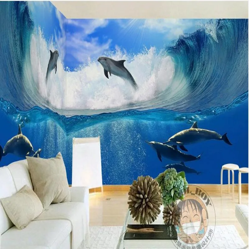 

wellyu Custom large fresco modern simple blue sea wave dolphin light and television TV backdrop wallpaper papel de parede