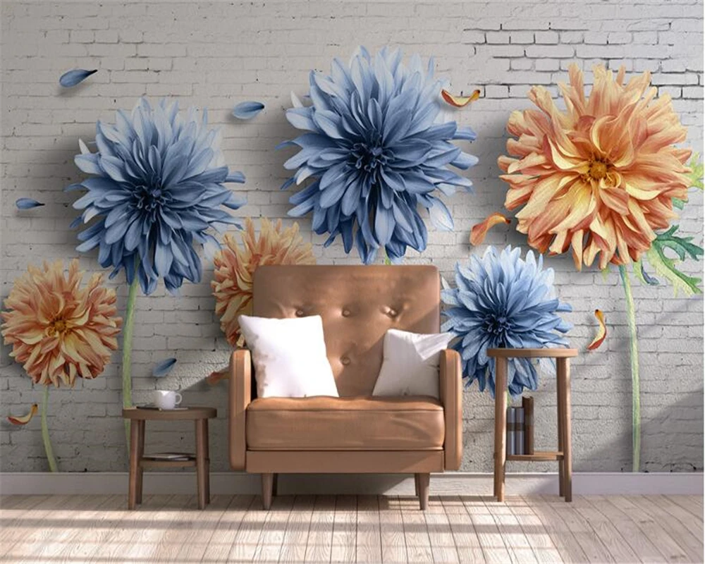 

beibehang Fashion wall paper simple 3D chrysanthemum white brick walls nostalgic flowers and flowers TV background 3d wallpaper