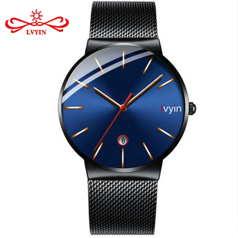 LVYIN Special 2.5D Convex Glass Quartz Watch Men Steel Mesh Watches Calendar Wrist Watch Simple Blue Business Watch Analog LY021