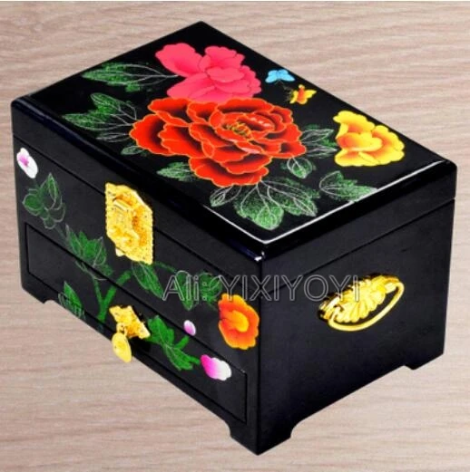 

Beautiful 3 Layer Wood Wedding Flower Jewelry Box with Mirror Chinese Retro Woman's Dressing Display Box Container Carrying Case