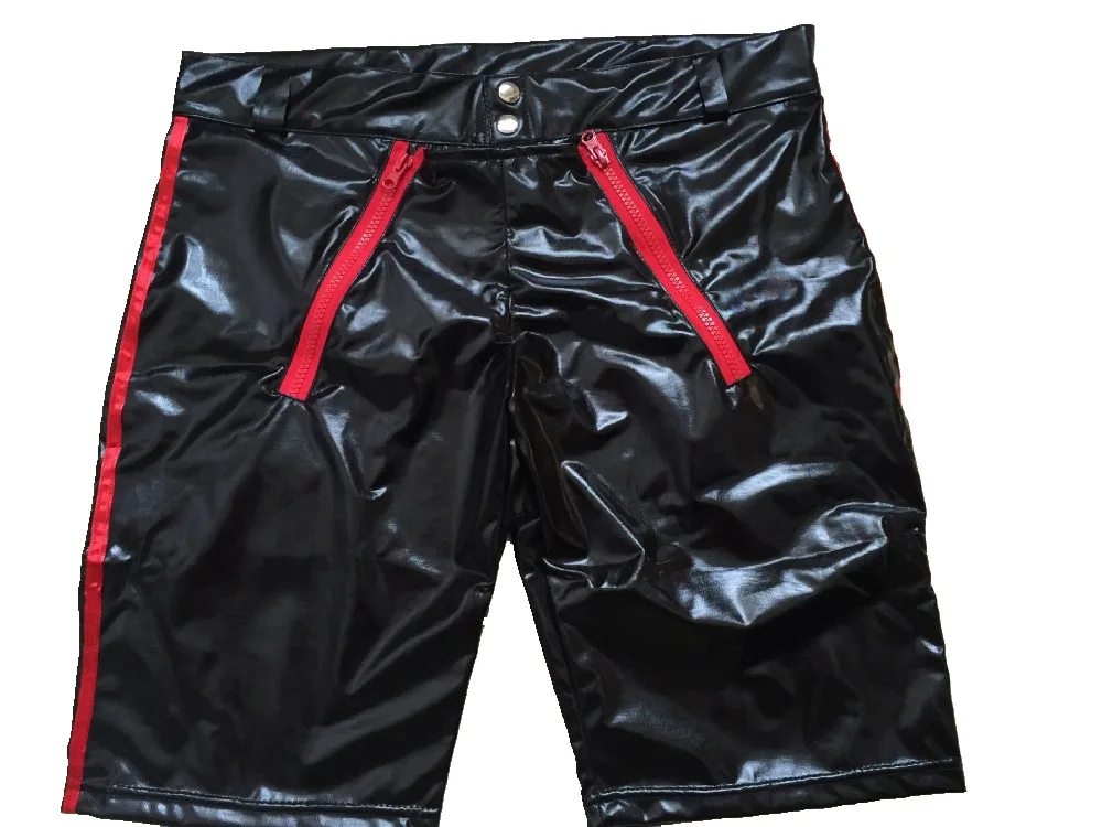 Plus Size Sexy Tight Black PU Leather Shorts Men Latex Pants Lace-Up Bondage Jockstrap Lingerie Open Crotch Gay Boxers Panties