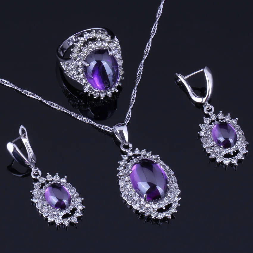 Shining Huge Oval Purple Cubic Zirconia White CZ Silver Plated Jewelry Sets Earrings Pendant Chain Ring V0266