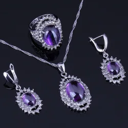 Shining Huge Oval Purple Cubic Zirconia White CZ Silver Plated Jewelry Sets Earrings Pendant Chain Ring V0266