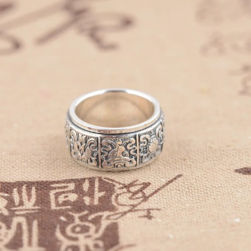 S925 wholesale Sterling Silver Ring Silver Antique Style Buddhist jewelry lovers eight auspicious transport ring