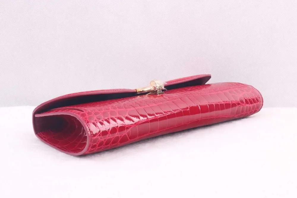 Top quality shinny high glossy genuine crocodile skin women clutch wallet long size with gold color locker top handle red color