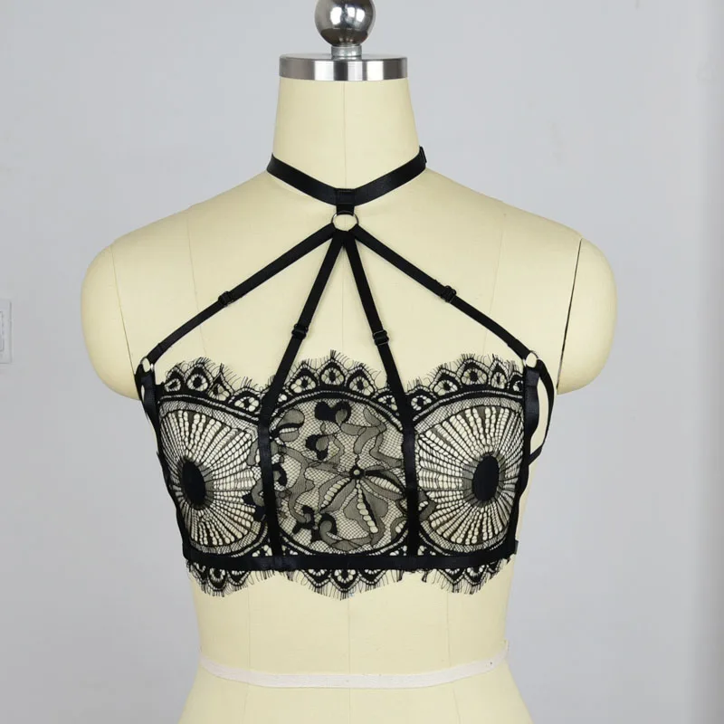 

Sexy Evil eyes Lace Sheer Bra BODY HARNESS Gothic Bondage Strappy Harness Bondage Cage Bra Black Body Tops Lingerie Harness bra