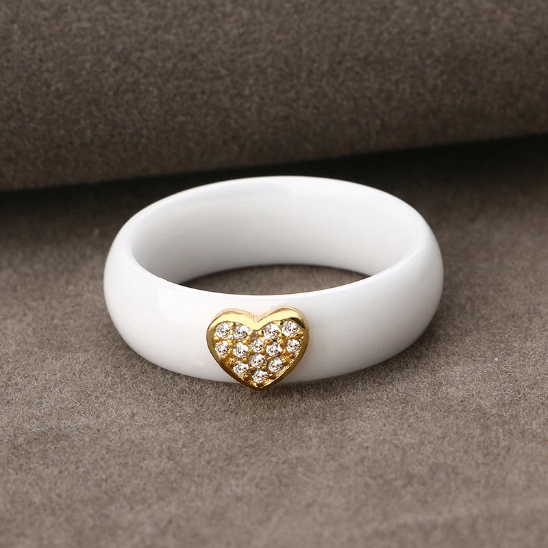 Love Heart  Yellow Silver Color Crystal Finger Rings For Women CZ Original Lovely Heart Ceramic Rings Wedding Party Jewlery