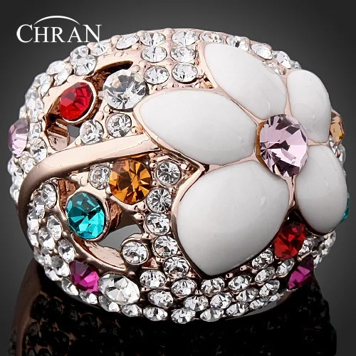 Chran Gold Color Sparkling Crystal l Engagement Rings Jewelry Wholesale Enamel Flower Finger Rings for Women