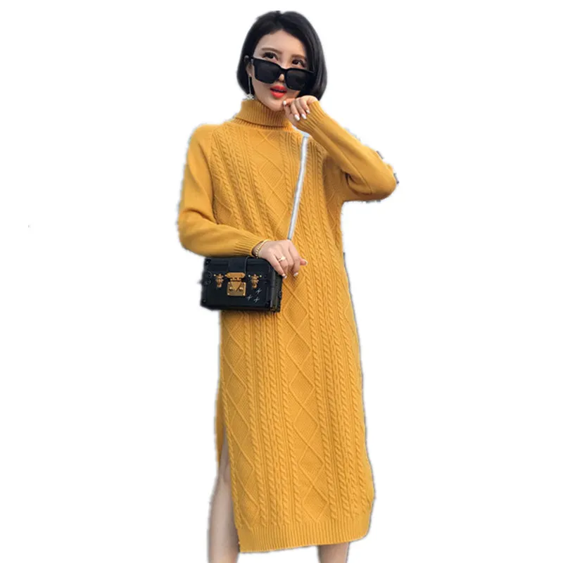 Women's autumn and winter clothing knit loose long paragraph over the knee high collar lazy wind sweater thick Split ends  dress