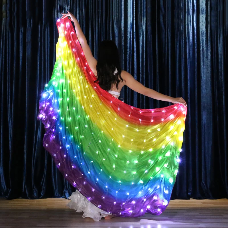 

Rainbow Colored Stage Performance Prop 100% Silk Belly Dance Costume Accessories 200 Pieces Lamps Rectangle Veils LED Veil