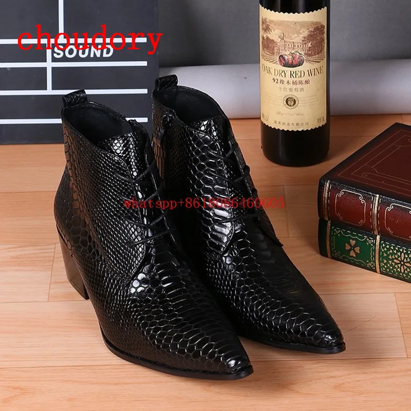 Fashion Brand Design Black Snake Skin Leather Military Boots Pointed Toe High Heels Stud Cowboy Boots Dress Wedding Shoes Man