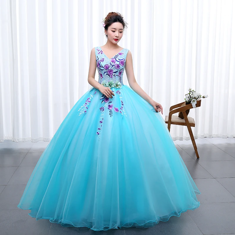 

Y&M Novias Blue Quinceanera Dresses Sexy V-neck Ball Gown Lace Gorgeous Party Prom Foraml Homecoming Gowns Pluse Size