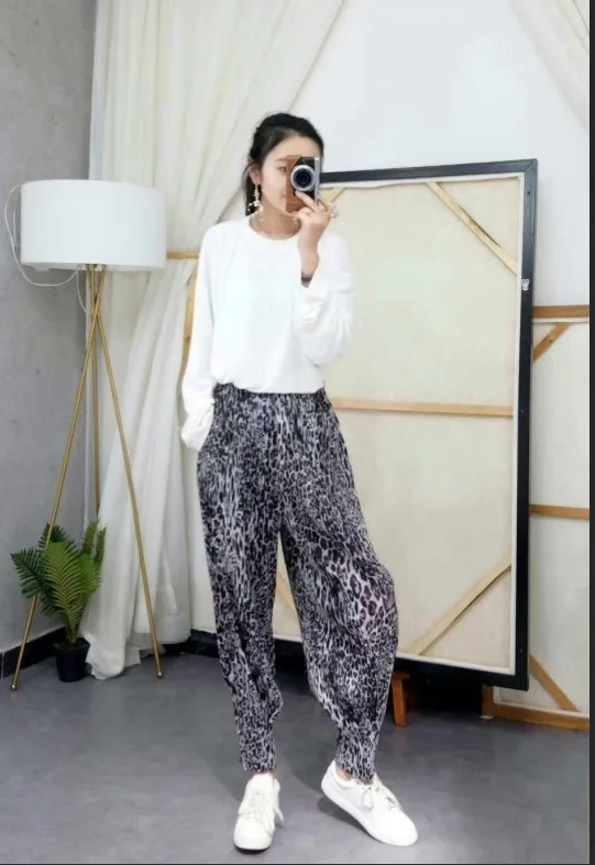 HOT SELLING Miyake Pleated casual trousers Leopard print all-match irregular trouser slim high waist pants IN STOCK