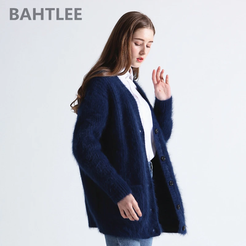 BAHTLEE-Women\'s Mink Cashmere Knitted Cardigans, V-Neck Sweater, Button Pocket, Thick, Keep Warm