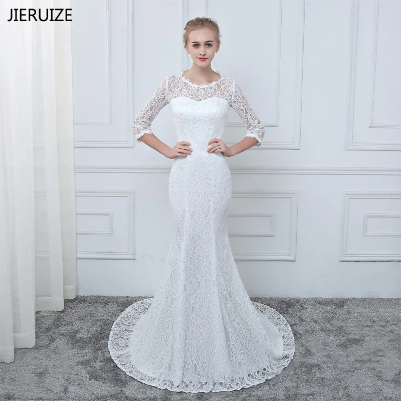 JIERUIZE 화이트 레이스 인어 웨딩 드레스 3/4 Sleeves 저렴한 웨딩 드레스 robe de mariee vestido de novia