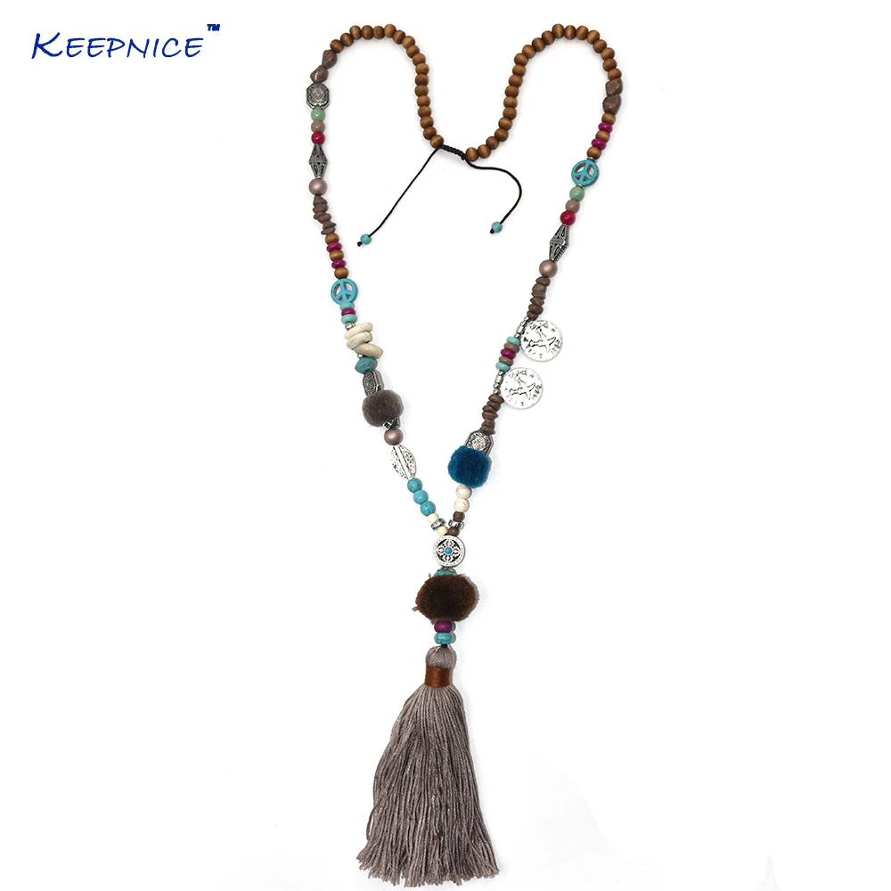 

New Ethnic Pompoms pendants necklace Pink Cotton Tassel long beaded chain Necklace Boho chic multicolor beads Necklace