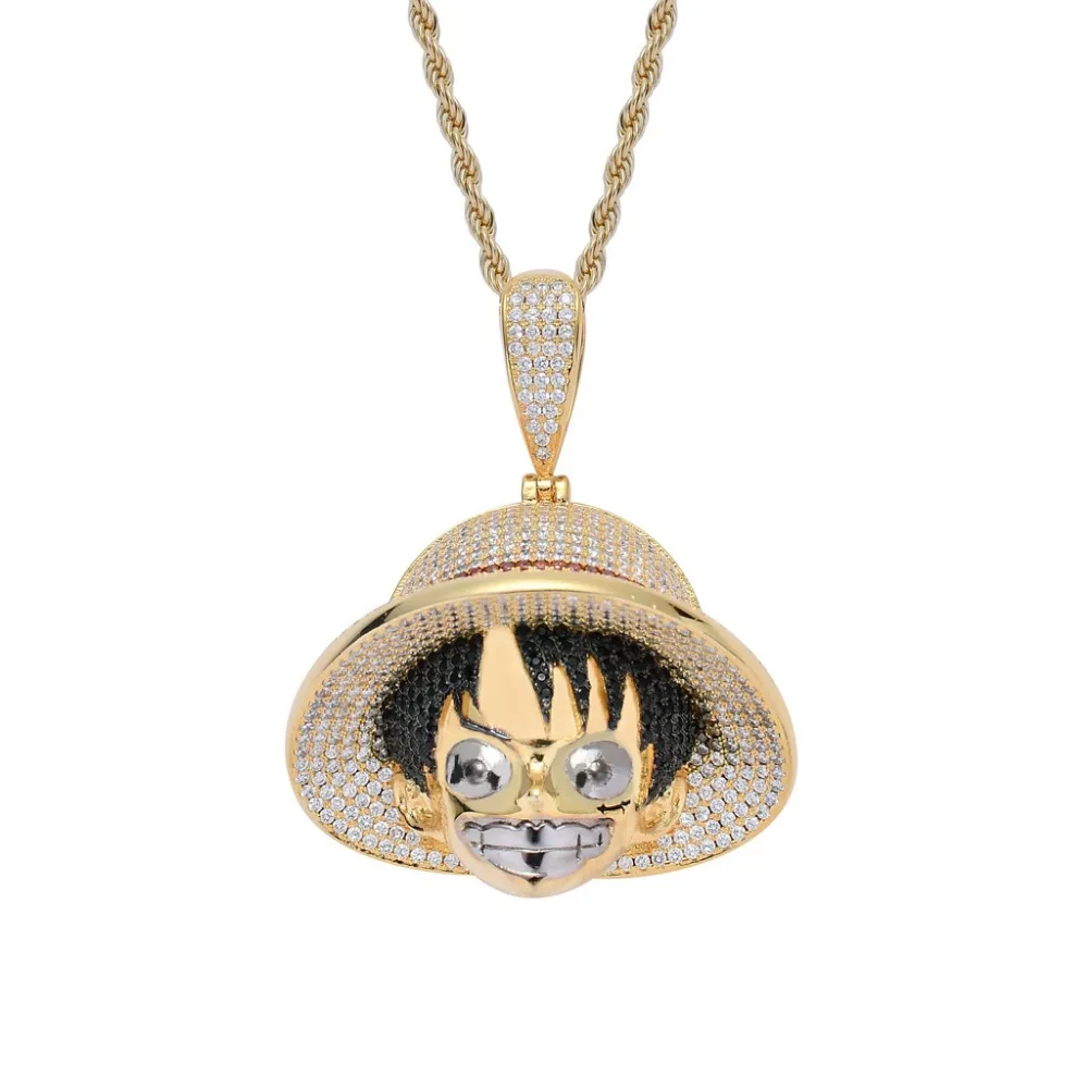 

Hip Hop Full AAA CZ Stone Paved Bling Ice Out Cartoon One Piece Luffy Pendants Necklace for Men Rapper Jewelry Gold Color