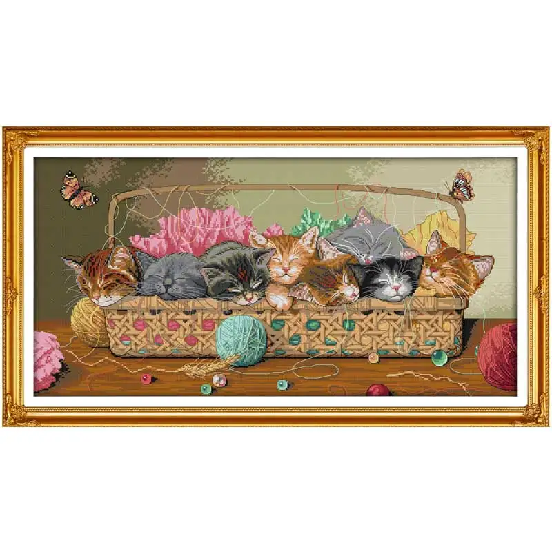 Kittens in the Basket Patterns Counted Cross Stitch Set DIY 11CT 14CT 16CT Stamped DMC Cross-stitch Kit Embroidery Needlework