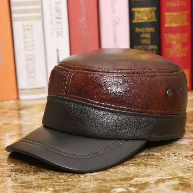 Genuine Cow Leather Military Hats For Men Fall Winter Men's Cowskin Hat With Ear flap Real Cowhide Flat Top Baseball Caps