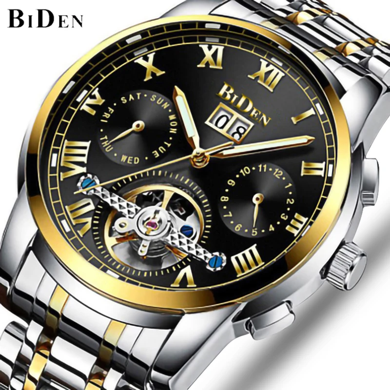 

BIDEN 2019 New fashion Automatic Mechanical Tourbillon Skeleton Watches Luxury Business Self Winding Wristwatch Waterproof Clock