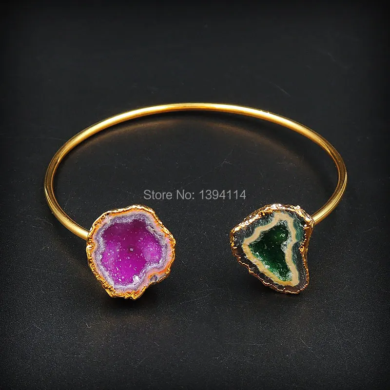 Mixed Colors 2 Agate Geode Combined Bracelet Adjustable 24K Gold Plated Approx 20mm