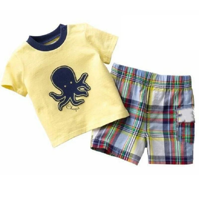 Summer Sleeveless Baby Boy Clothes Suits 100% Cotton Children T-Shirts Shorts Pant Singlet Vest Plaid Panties Beach Kid Tank Top