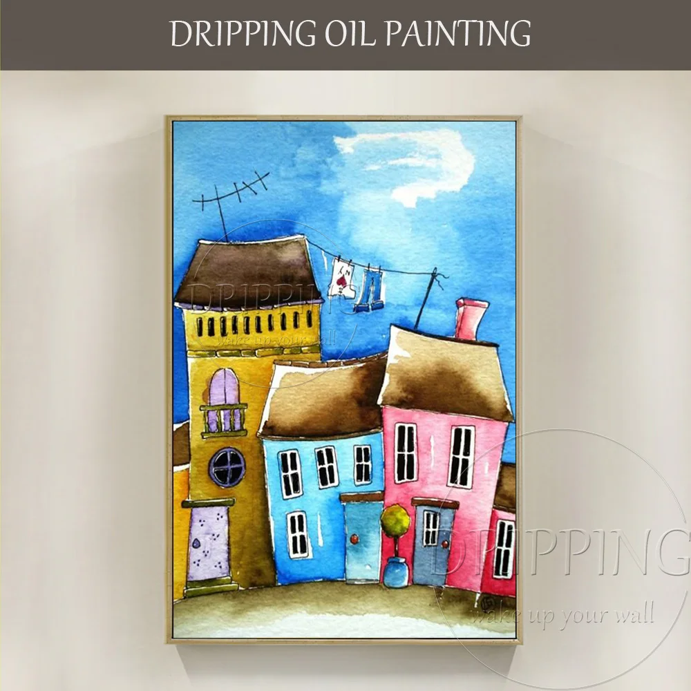 New Design Artist Hand-painted High Quality Houses Oil Painting on Canvas Colorful House Building Oil Painting for Living Room