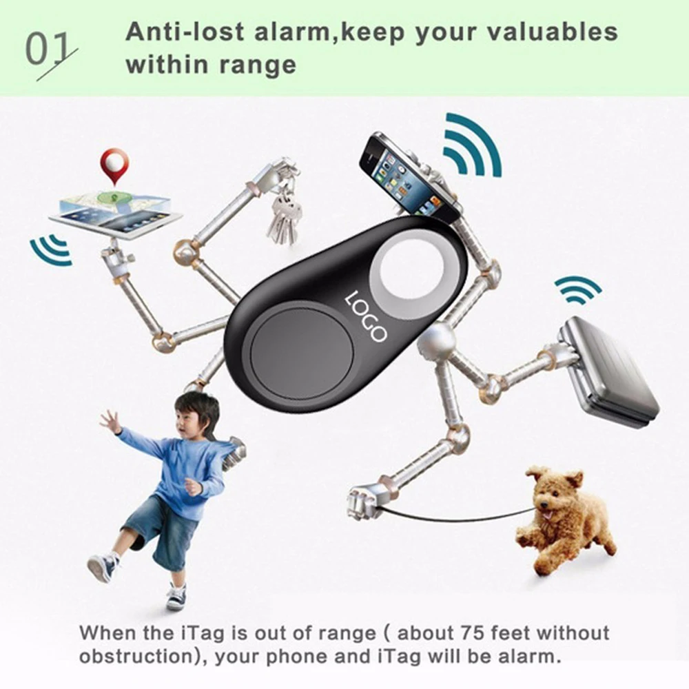 Multifunction Mini Waterproof Bluetooth GPS Tracker for Pet Dog Cat Keys Wallet Bag and Kids GPS Pet Tracker Selfie Self-timer