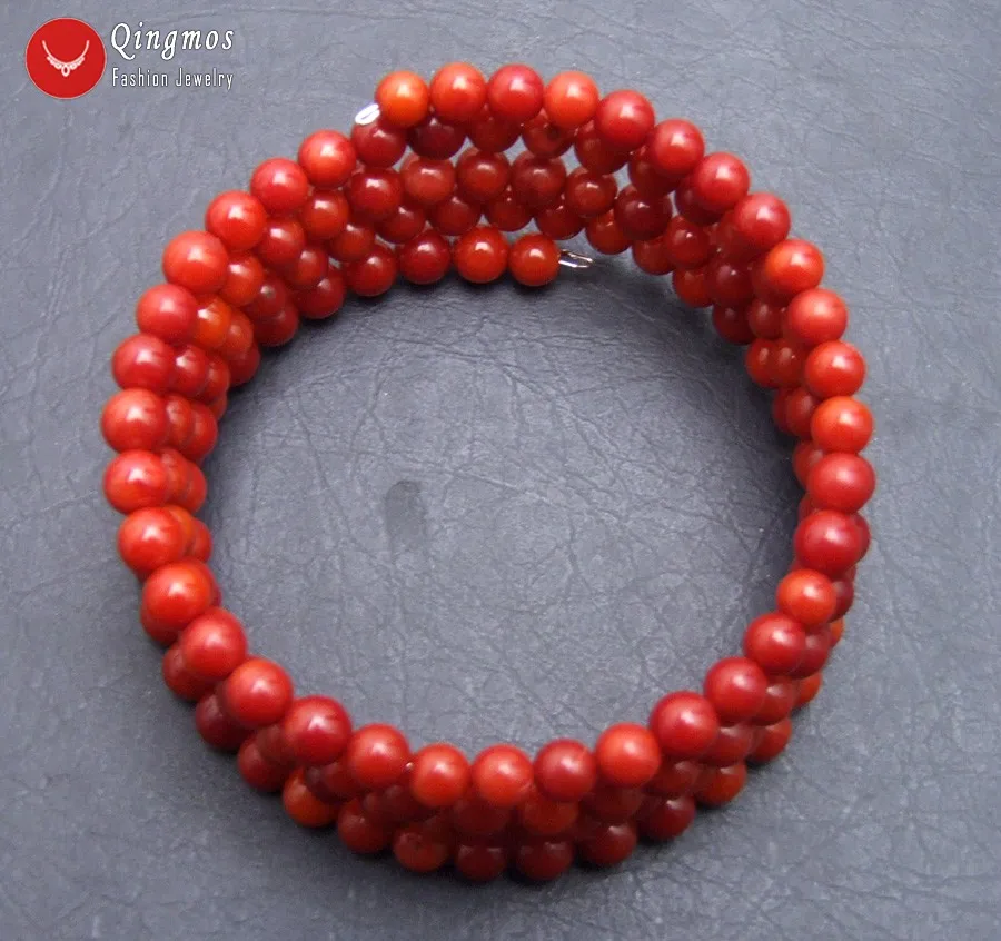 Qingmos Trendy Natural Coral Bracelets for Women with 4-5mm Round Red Coral Steel Wire Wrap Bracelet Fine Jewelry 28'' bra448