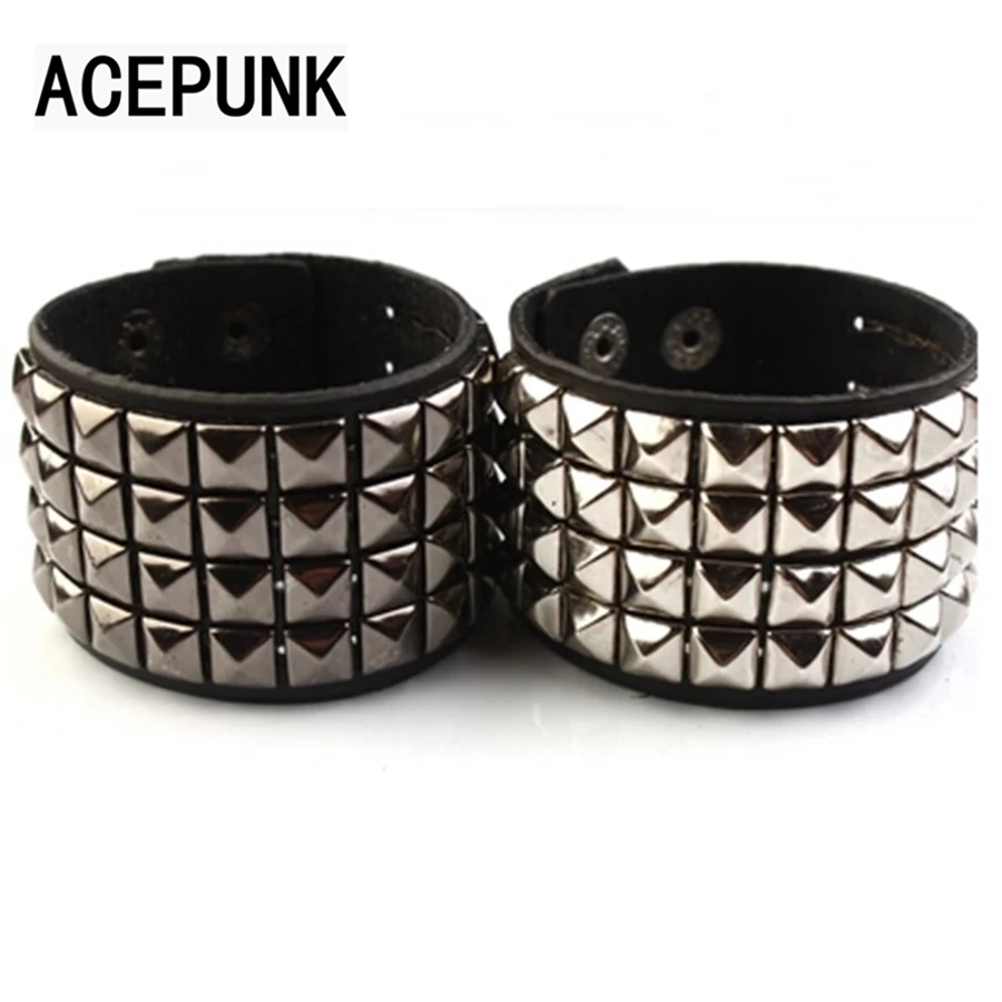 Rivet Wide Bracelet Punk Leather Wristlet Rock 4 Rows Of 9MM Square Nails Wristband Two Buckle Adjustable