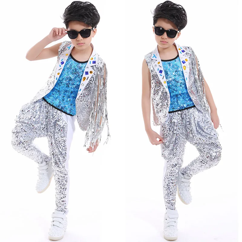 Jazz Dance Child Costume Boys Hip Hop Street Dance Jazz Sequins Tassel Blue Vest Harem Pants Suit Kids Dancing Clothes DNV10052