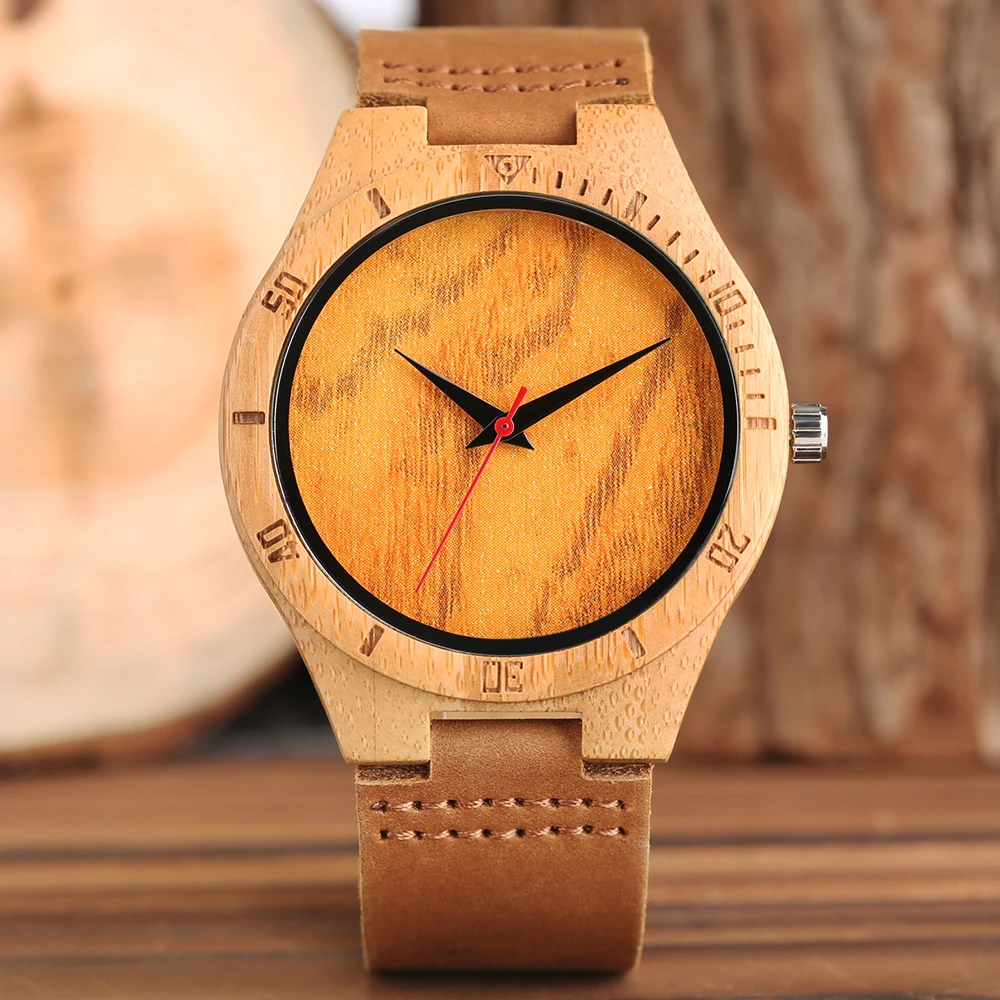 Casual Natural Mens Bamboo Wood Watches Minimalist Genuine Leather Quartz Wristwatch Male Creative Clock with Gifts Bag Relogios