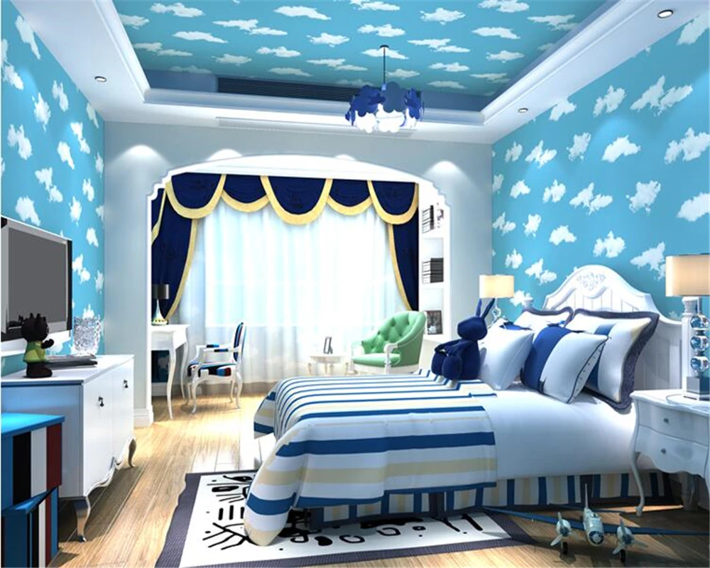 

beibehang Blue sky white clouds children princess girl room boy 3d wallpaper simple blue environmental nonwovens wall paper