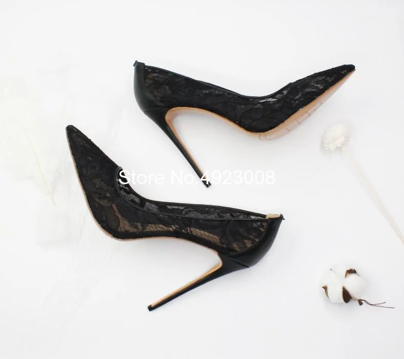 Super High Heel White Pumps Lace Women High Heel Shoes Hollow Pointed Toe Wedding Shoes Big Size 46 Black Sexy Heels Dress Shoes