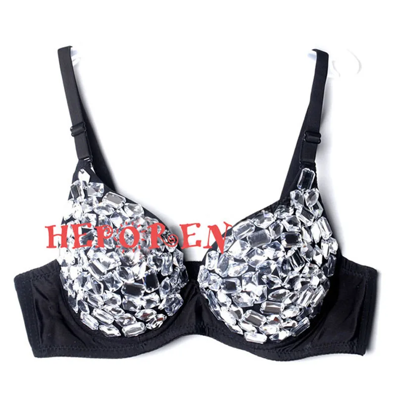 

Women Handmade Diamond Brassiere Night Club Crystal Bras Bikini Ballroom Dancing Bras, Female Sexy Silver Sparkling Diamond Bra