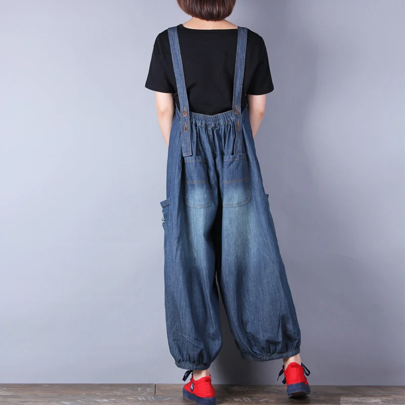 Cotton Loose Jumpsuits and Rompers with Holes, Long Wide Leg Denim Jeans, Loose Overalls, New Fashion, 2024