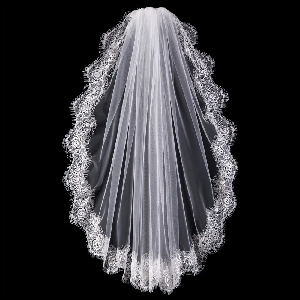 Hot Vender Espetacular Catedral 1.5 Metros de Comprimento Bridal Veil Lace Borda One-Camada para Headwear Acessórios do casamento