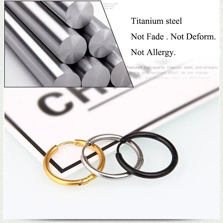 Wholesale Jewelry -- Titanium steel Men\'s Smooth Hoop Earrings Jewelry 10mm / 12mm / 14mm / 16mm / 18mm / 20mm