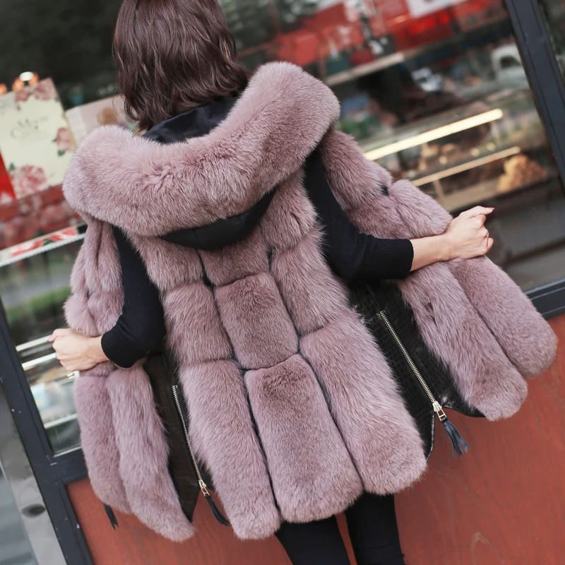 Winter Women\'s fur Jacket Faux Fox Fur Vest Fashion Hooded Fur Waistcoat Side Zipper stitching leather Warm Outwear wq809w