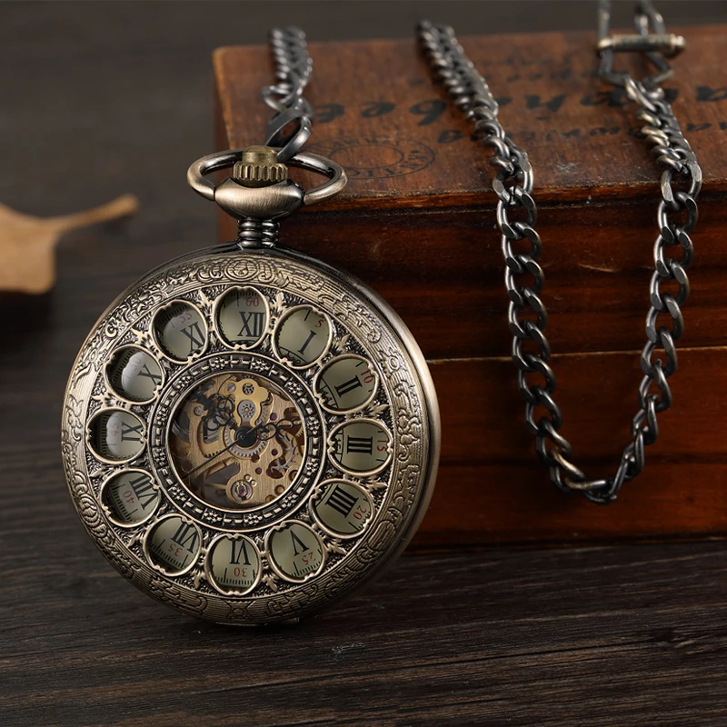 Antique Bronze Hollow Engrave Mechanical Pocket Watch Men Roman Numerals Hand Wind Watch Skeleton Pendent Steampunk Gift Box