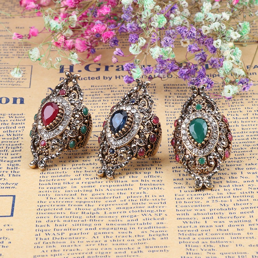 Kinel-anillos turcos de lujo para mujer, joyería de estilo Vintage, diamantes de imitación completos, anillo de flor de cristal azul grande y ancho,