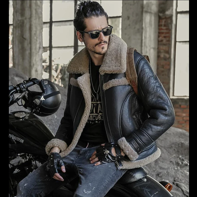 Denny&Dora Mens Shearling Coat Mens Fur Coat B3 Sheepskin Outwear Men Aviator Jacket Pilot Jacket