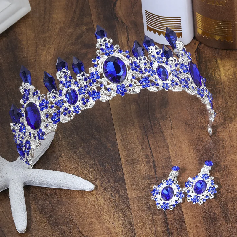 Baroque Blue Green Red Crystal Bridal Tiara Crowns Magnificent Rhinestone Diadem for Princess Headpiece Wedding Hair Accessories