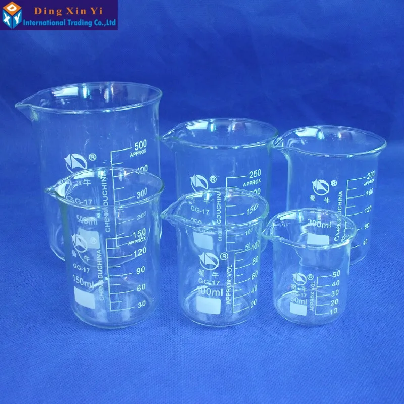 SHUNIU Glass Beaker 6 Pcs Set 50, 100, 150,200. 250, 500ml Low form with graduation Glass Chinese famous brand