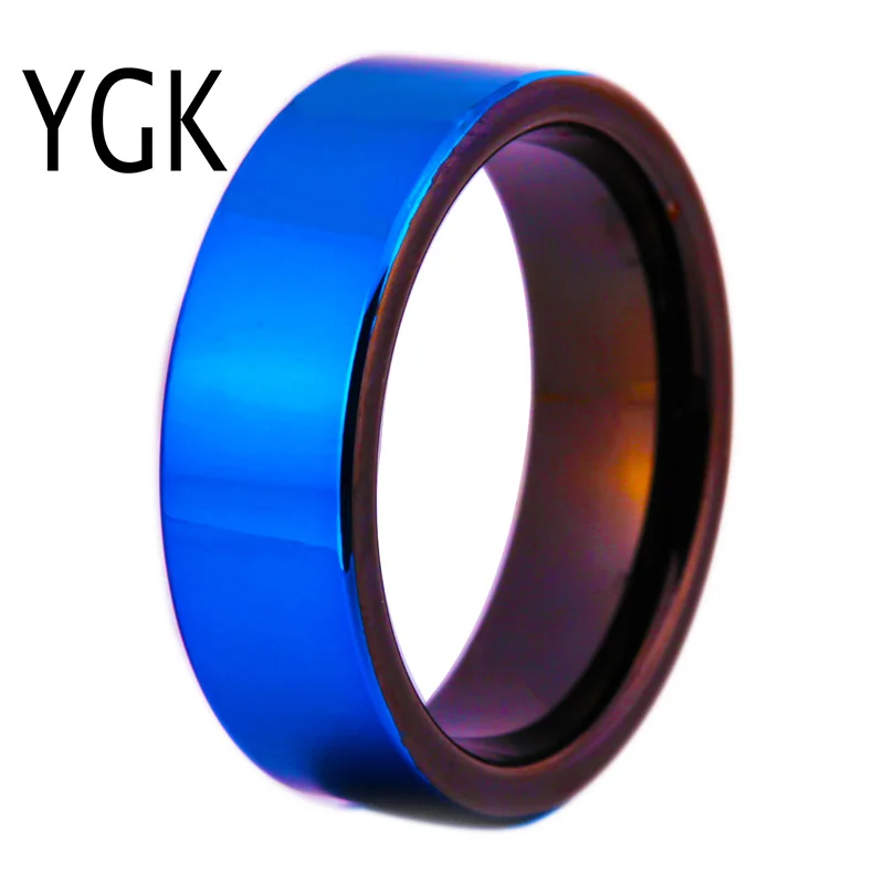 

YGK Brand JEWELRY 8MM Blue High Polished Tungsten Carbide Wedding Ring With Black Eage and Black Inside the Ring Gift Ring