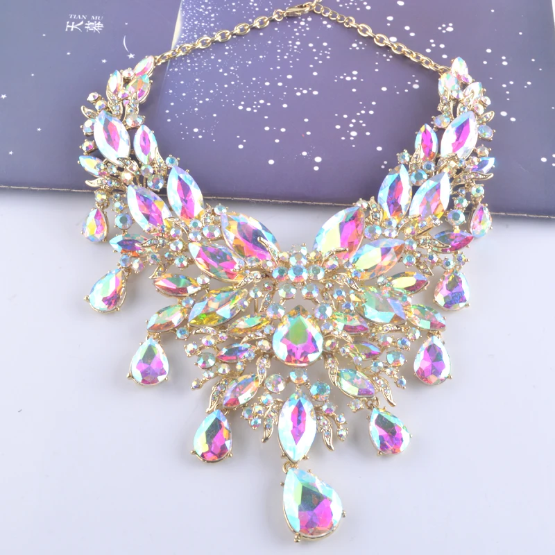 9 Color Women Rhinestone Pageant Jewelry Sets Pecock Style Fashion Bridal Party Wedding Dress Necklace Earrings Christmas Gift