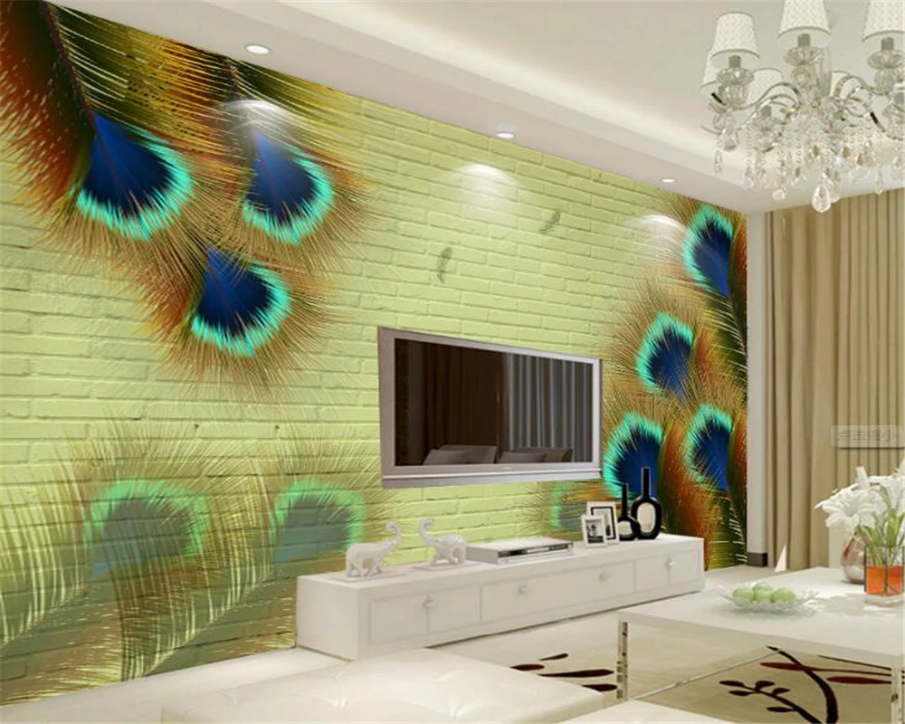 

Beibehang 3d wallpaper peacock peacock feather brick background wall living room bedroom TV background mural papel de parede