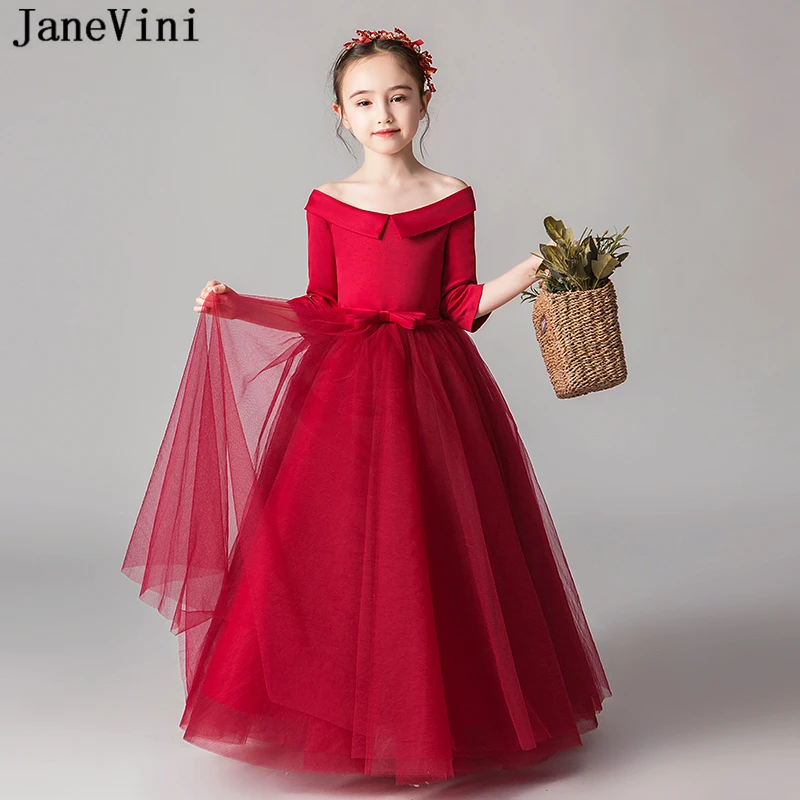 JaneVini Simple A Line Long Burgundy Flower Girl Dress 2019 Boat Neck Tulle Floor Length Kids Birthday Dresses Galajurk Meisjes